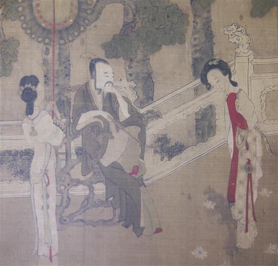 A Chinese painting on silk of a scholar and two attendant ladies in a garden, 18th / 19th century, 27.5 x 29cm